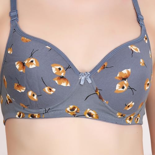 Image of Flower Print Bra for Women - Made of Pure Cotton Full Coverage Non Wired Pushup Soft Cup for T-Shirt Saree Dress Sports Garment for Daily Use Everyday