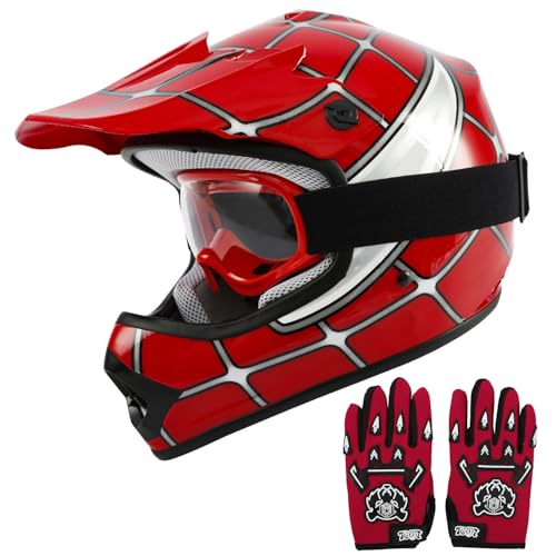 TCT-MOTORPARTS DOT Youth Kids Dirt Bike Full Face Helmets Motocross ATV Offroad Four Wheeler Helmet Red Spider Large Size