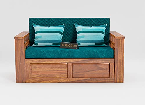 Image of Douceur Furnitures Solid Sheesham Wood Wooden Frame Two 2 Seater Sofa Cum Bed for Living Room,Hotels,Apartment & Hall | Finish:-Honey Teak | Cushion:-Teal-Green