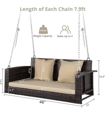 Image of India Hanging Swing Seater Patio Wicker Swings Outdoor Solid Chain Comfortable Back Front Porch for Garden Balcony (Brown +Cream Cushion with Cream Pillow, 2 Seater)