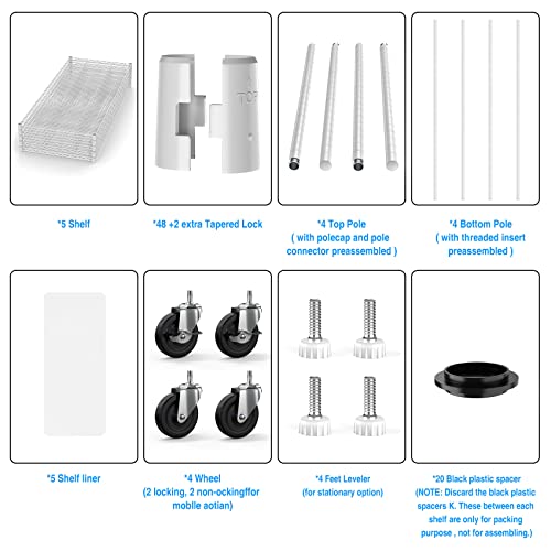 5 Tier 6000Lbs Capacity Nsf Metal Shelf Wire Shelving Unit, Heavy Duty Adjustable Storage Rack With Wheels & Shelf Liners For Commercial Grade Utility Steel Storage Rack, White - 82"H X 48"L X 24"D #TOP3