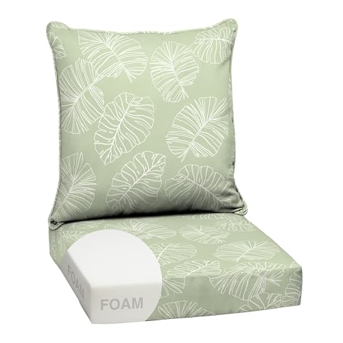 Image of Arden Outdoor Foam Deep Seat Cushion Set, 24 in x 24 in, Weather-Proof, Rain-Proof, Fade Resistant Patio Cushion, Bottom and Back Cushion for Chair, Sofa, and Couch Coastal Green Leaf