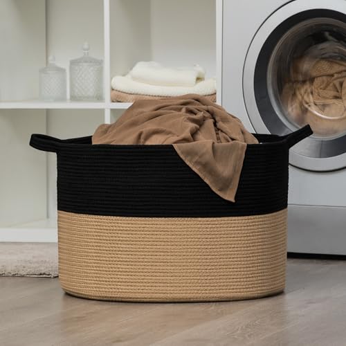 Gosipeya XXXLarge Woven Cotton Rope Basket (21.7" x 13.8") – Blanket Basket for Living Room, Laundry Hamper, Pillows & Cushions Organizer (Black&Brown) by Gosipeya - Image 5