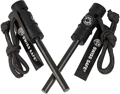Swiss Safe 5-in-1 Fire Starter with Compass, Paracord and Whistle (2-Pack) for Emergency Survival Kits, Camping, Hiking, All-Weather Magnesium Ferro Rod (Black)