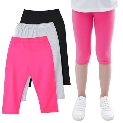JinBei Fille Leggings Court 3/4 Capri Été Extensible Respirants Modal Danse Pantalon Court Filles Lot de 3 Confortables Gymnastique Cycliste Sport Shorts Sweatpants 10-11 Ans, Noir Gris Rose