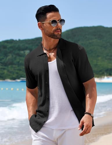 COOFANDY Mens Knit Short Sleeve Shirt Casual Button Down Shirt Vintage Fashion Polo Shirts Crochet Summer Beach Shirts4