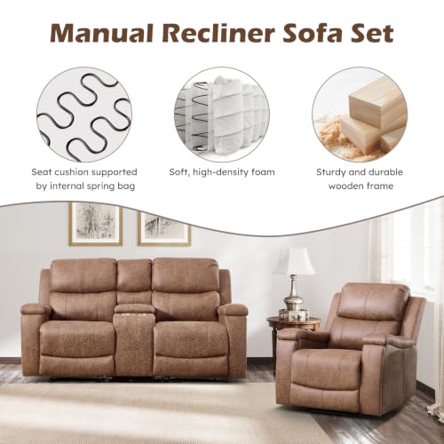 Image of CANMOV Faux Leather Manual Reclining Sofa Set, Manual Single Recliner Chair and 2 Seat Recliner Loveseat with Center Console, Hidden Storage and Cup Holders for Living Room,Bedroom Furniture,Nut Brown