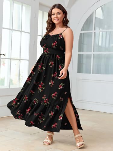 Image of SCOMCHIC Plus Size Summer Boho Dresses Spaghetti Strap Sleeveless Casual Sundress Smocked Flowy Slit Beach Maxi Dress