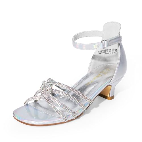 DREAM PAIRS Girls Dress Shoes Sandals Low Heels Ankle Strap Flower Wedding Party Shoes for Little Kid/Big Kid 12 Little Kid Silver