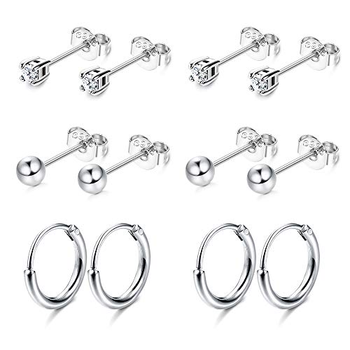 Sllaiss 6 Pairs Sterling Silver Stud Earrings Set for Women Gold Ball Round CZ Small Hoop Minimal Cartilage Earrings Set Hypoallergenic (White)