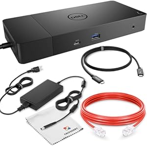 Paquete de estación de acoplamiento Dell WD19 con soporte USB-C y monitor dual. El paquete completo incluye base universal Dell WD19, adaptador de corriente de 180 W, cable HDMI y Ethernet, paño de