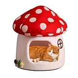 Mushroom Cat Bed for Indoor Cats and Small Dogs - Soft Plush Cat House, Semi-Enclosed Cave-Style Warm Cat House - with Removable Mat, Indoor Cat Warm Cat Bed, Non-Slip Bottom