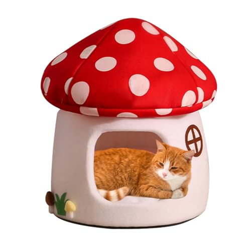 Mushroom Cat Bed for Indoor Cats and Small Dogs - Soft Plush Cat House, Semi-Enclosed Cave-Style Warm Cat House - with Removable Mat, Indoor Cat Warm Cat Bed, Non-Slip Bottom