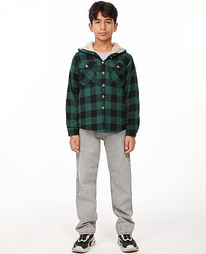 Image of ZENTHACE Boys Sherpa Fleece Lined Flannel Plaid Button Down Shirt Jacket,Hooded Flannel Shirt with Hand Pockets