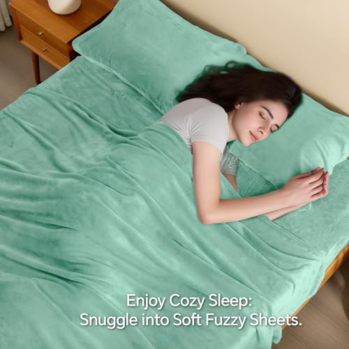 Image of BEDELITE Flannel Sheets Queen Size Haze Blue - Super Soft Fleece Sheets Set Fluffy Extra Plush, 4 Piece(Include Fitted Sheet, Flat Sheet, 2 Pillowcases)