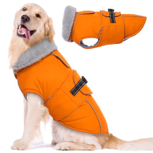 Lelepet Dog Coat Waterproof Dog Jacket Reflective Fleece Vest with Adjustable Buckle & Leash Hole Windproof Cold Weather Coats for Small Medium Large Dogs, Warm Hunting Vest, Orange, XXXL 3X