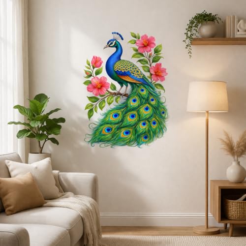 Image of Rangoli Peacock Wall Sticker 16 x 24 Inch Floral Bird Design Self Adhesive Wall Decor for Living Room Bedroom Kids Room Nature Theme Wall Art