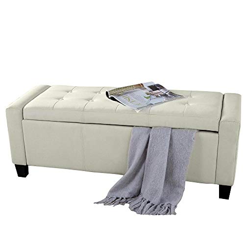 BAKAJI Cassapanca Pouf Contenitore Poggiapiedi per Camera da Letto Panca Sgabello con Struttura in Legno Rivestimento in Eco Pelle Seduta Apribile Imbottita Dimensioni: 110 x 40 x 40 cm (Avorio)