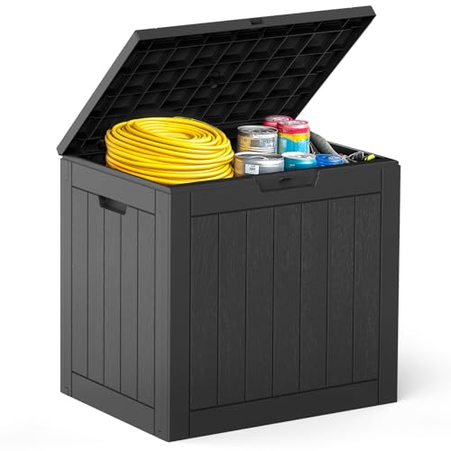 DUMOS 31 Gallon Deck Box, Lockable Outside Storage Box for Outdoor Use, Outside Waterproof Resin Package Delivery Box for Backyard Patio Garden, Black