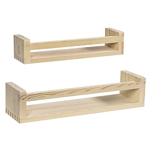 Image of Y&ME YM Wood Wall Bookshelf Set of 2, Rustic Pine Floating Shelves for Farmhouse Decor, Bathroom, Bedroom, Kitchen