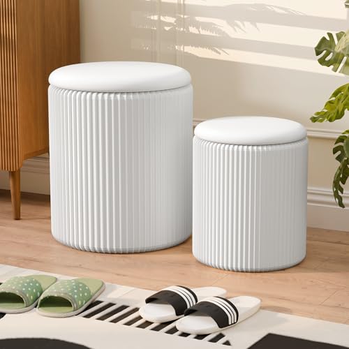 Trygoal Round Ottoman with Storage Set of 2, Breathable Cotton & 300LBS Engineered Wood Frame, Nesting Side Table with Blanket Storage, No Assembly Cozy Vanity Stools for Living Room, White