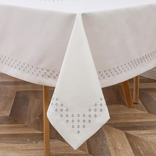 Majestic Giftware Linen Look Polyester Tablecloths for Rectangle Tables | (70/160) - TC1555 Silver/Gold Trim Design Etched at Seam - Small Circles | Washable Tablecloth for Kitchen & Dining by Majestic Giftware - Used condition - US$80.86