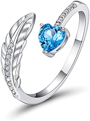 PEARLOVE Silver Feather Ring, Birthstone Open Finger Rings for Women Girls Adjustable Size 6-12