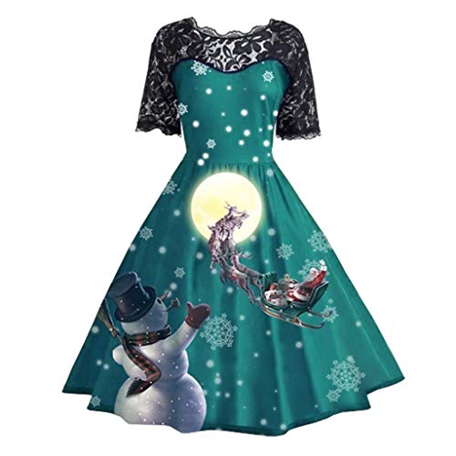 Preisvergleich Produktbild LOPILY Weihnachtskleid Damen Spitzenkleider Transparent mit Schneemann Druck Elegant Weihnachten Cocktailkleider Kurzarm Ausgestellte Weihnachtskleider Ausgefallen Festlich Winterkleider (Grün, XL)