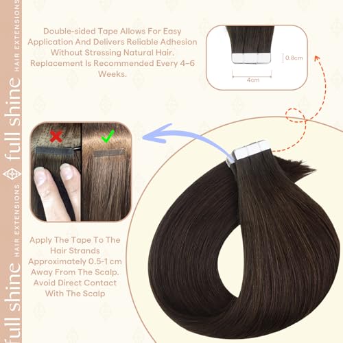 Image of Full Shine Human Hair Extensions Tape in, Darkest Brown 20 Inch | 50g 20PCS, Straight Seamless Skin Weft Tape in Extensions Real Human Hair, Glossy Finish Long-Lasting Styling Add Length