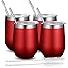 Fungun 4 Pack Stemless Wine Tumbler, 12 Oz Stainless Steel Wine Glass with Straws, Unbreakable Double Wall Cup Insulated Tumbler with Lids for Wine, Coffee, Drinks, Cocktails, Champagne(Wine Red)