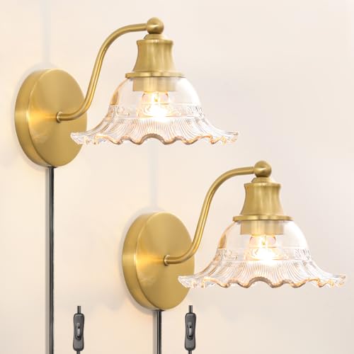Image of Vintage Plug in Wall Sconce, Gold Plug in Sconce Set of 2 with Clear Glass, Brass Wall Lights Fixture with Plug in Cord, Flower Wall Lamp Decor with on /Off Switch & Cord for Bedside Bedroom Hallway