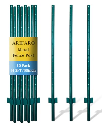 ARIFARO Poteaux de Clôture 152cm Métalliques Robustes, Lot de 10, Pas Besoin de Creuser, Profil en U Pour Clôture en Fil de Fer, en Acier Pour Cour, Fil de...