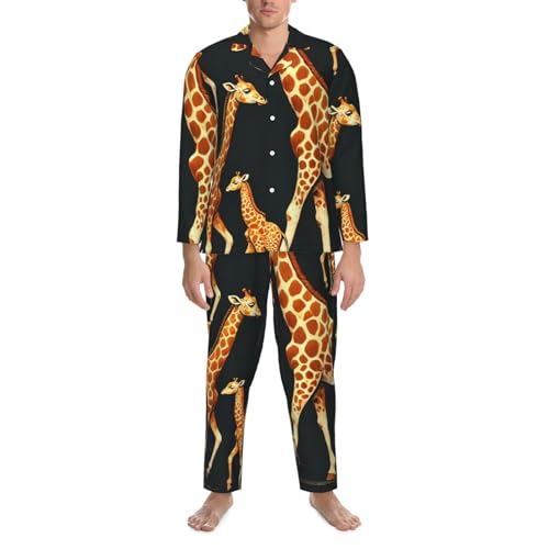Mens Long Sleeves Pajama Set Giraffes Patterns Love Cozy Two-Piece Loungewear For Nighttime Comfort,Casual Wear4