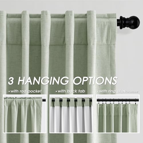 Image of Nanspring Mist Sage 100% Blackout Linen Curtains for Bedroom 84 Inch Length 2 Panels Set Back Tab Thermal Insulated Boho Black Out Curtain for Living Room Cortinas Blackout para Dormitorio 52x84