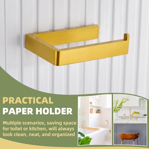 Image of APLusee Brushed Gold Toilet Paper Holder, 304 Stainless Steel, Wall Mounted | 304 Stainless Steel, Rustproof for Bathroom Restroom Vanity, Space-saving Tissue Holder, Fits Regular, Large, Mega Rolls