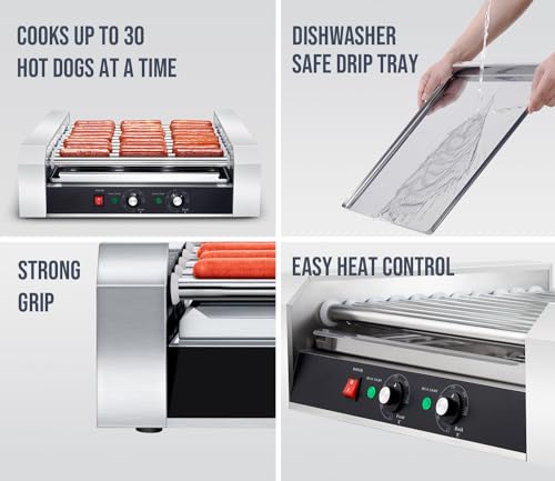 SYBO Hot Dog Roller, 30 Hot Dogs 11 Rollers Grill Cooker Machine with Removable Stainless Steel Drip Tray, 1430-Watts, Ideal for Commercial And Party Use - Thumbnail 4