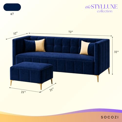 Image of SOCOZI Stylluxe 4 Seater L Shape Sofa Set with Movable Ottoman | Flexible Left or Right Layout | Soft Velvet Suede Fabric | Modern Design | Plush Comfort Cushions for Living Room (Dark Blue)