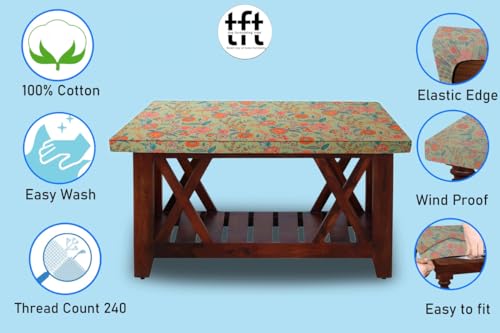 Image of The Furnishing Tree Elastic Cotton Square Center Table Cover 36x36 in Inches Floral Multicolor on Green Base