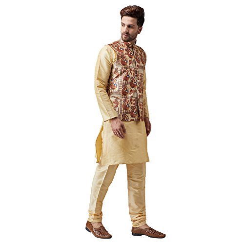 Image of SOJANYA (Since 1958, Men's Silk Gold Kurta Pyjama & Beige Printed Nehru Jacket set, Size: L(SJR-095-NJacket-Print-501-40)