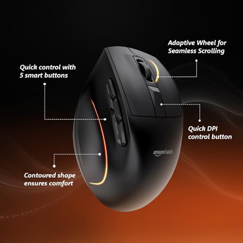 Image of Amazon Basics Pro Series 2.4G + Bluetooth + USB Triple Mode Wireless Ergonomic Mouse | 9 Buttons | Adjustable DPI (800-2400) | 500mAh Battery | Type-C Charging | Black