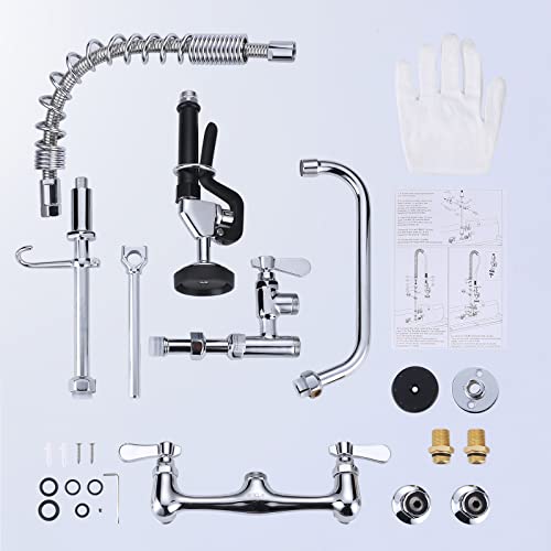Aleasha 25 Inches Commercial Faucet With Sprayer, Commercial Sink Faucet With 8 Inches Adjustable Center, Commercial Wall Mount Faucet With 9.6 Inches Swivel Spout For Restaurant Industrial #TOP5