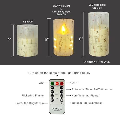 Image of Flickering Flameless Candles Leaf Print, Embedded Star String Lights, Battery Operated Acrylic LED Pillar Candles with 11-Key Remote and Timer for Home Decoration, 3 Pack