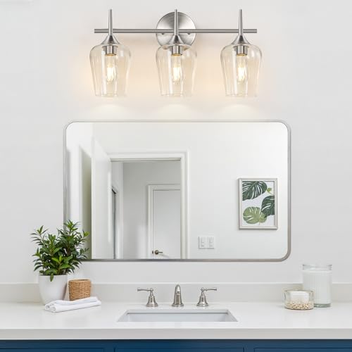 Image of MOKATNG 3-Light Bathroom Light Fixtures, 19.5 in Brushed Nickle Vanity Lights for Bathroom with Clear Glass, Bathroom Lighting Fixtures Over Mirror, Modern Wall lamp for Cabinet Hallway