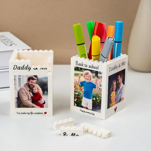 Personalized Daddy & Me Brick Photo Block Pencil Pot Custom Pen Holder for Desk with Photo Building Brick Block Puzzle Gifts for Father from Daughter and Son Lego for Dad Fathers Day 6