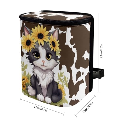Image of Car Trash Can Cars Waste Basket with Lid Storage Pockets for Disposable Garbage Bag Multipurpose Collapsible Car Organizer, Cat Sunflower Cow Print