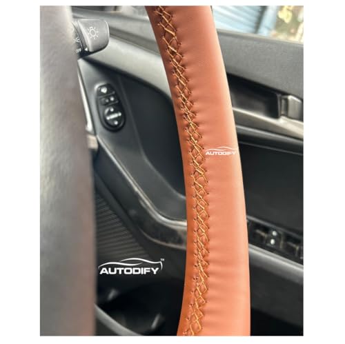 Image of Ten with Orange Stitch Leather Steering Wheel Cover Universal Fit Anti Slip Breathable Comfortable Grip Durable & Stylish for Cars Easy Install Long Lasting ProtectionNon SlipDesign.