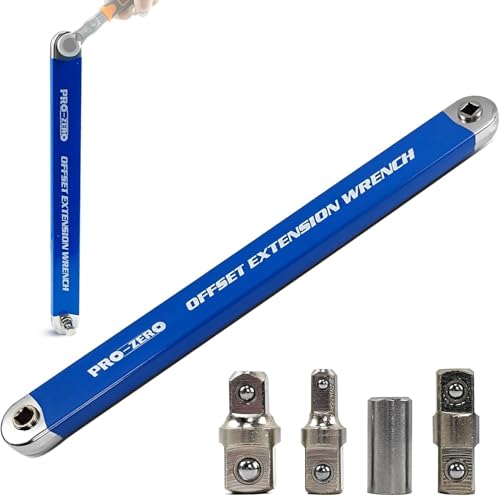 Image of ELMVIA Offset Extension, 15-Inch Offset Impact-Ready Socket Wrench Tool with 1 /2 inch, 1 /4 inch and 3 /8 inch Square Drive Adapters, Zero Degree Ratchet Tool for Car (Blue Wrench)