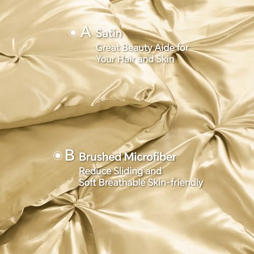 Image of BEDELITE Satin Comforter Set Full Size, 7 Pieces Pintuck Bed in A Bag with Comforter, Flat Sheet, Fitted Sheet, Pillowcases, Shams, Soft Cozy Similar to Silk Bed Set for All Seasons (Champagne)