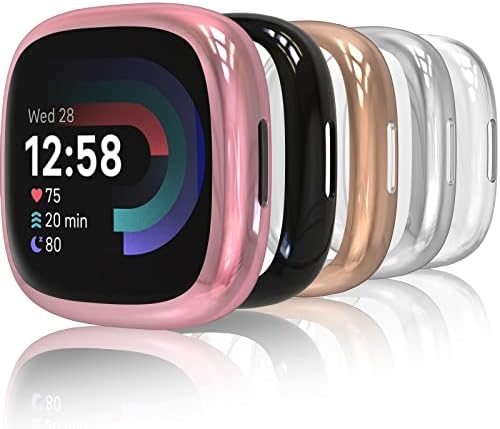 Hianjoo [5-Pack] Case Compatible with Fit Bit Versa 4/ Sense 2, Screen Protectors Full Around Slim Protective Coque Cover - Clear, Black, Silver, Rose Gold, Rose Pink
