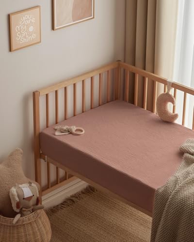 Image of Blissful Diary Muslin Crib Sheets, 2 Pack, Dusty Pink Checkboard & Pink | fitted for 52''x28'' crib mattress, soft and breathable cotton, boho style, easy care for machine wash, gift for boy and girl